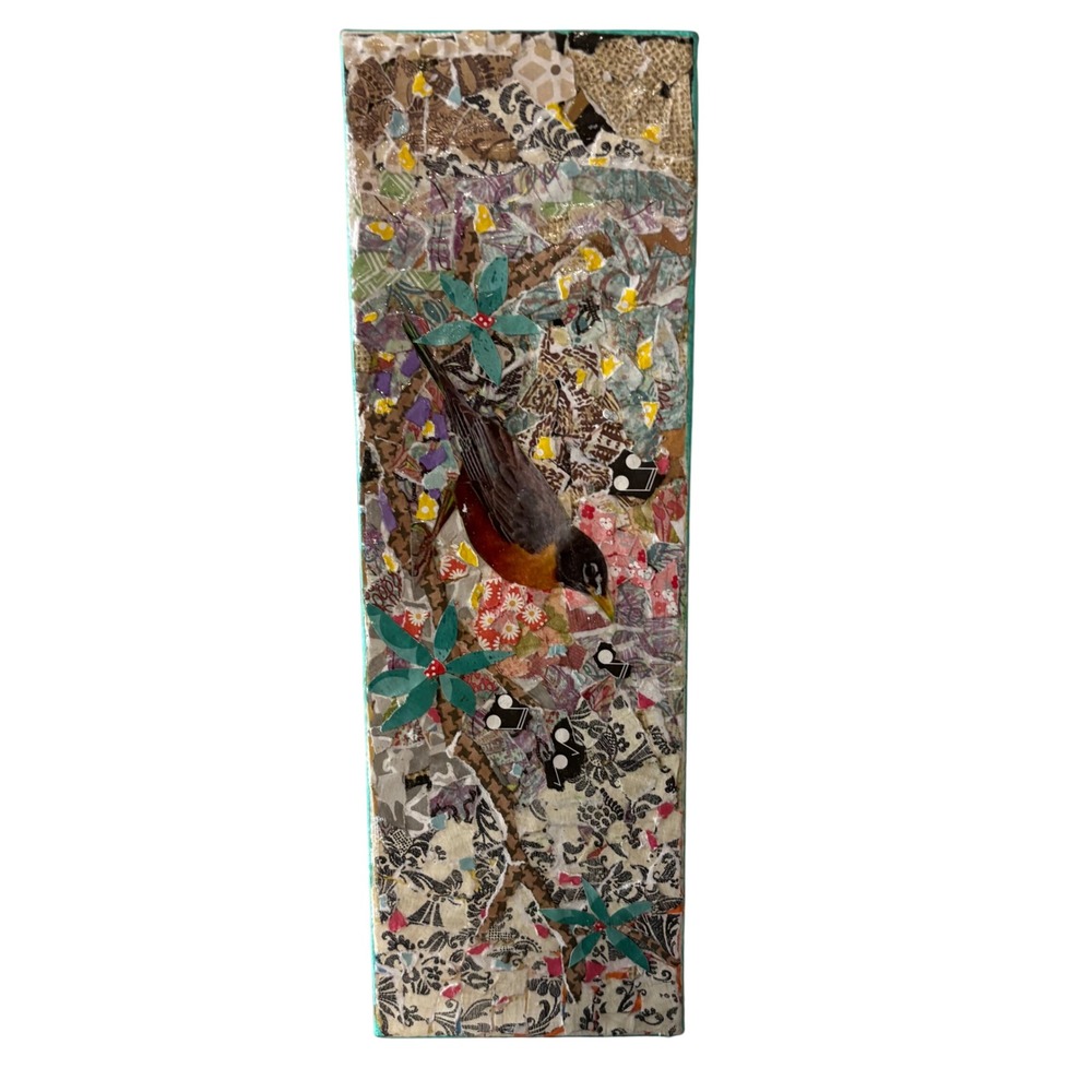 Handmade Mixed Media Bird Collage Wood Block Art American Robin Teal 12x4x1.5